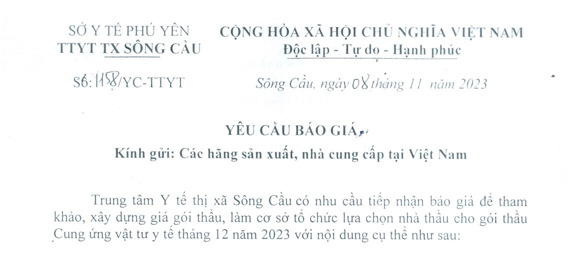 Yêu cầu báo giá Cung ứng vật tư y tế tháng 12 năm 2023
